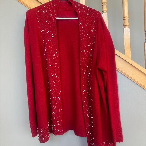 Nu Look Red Cardigan Sweater w/pearls & Crystals around trim sz xl - Picture 1 of 5